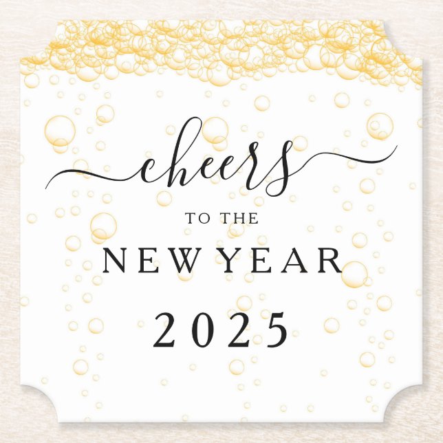 Elegant Fizz Bubbles Cheers New Year's Eve Paper Coaster (Front)