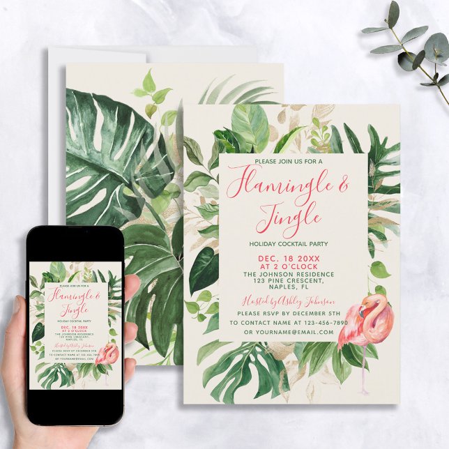 Elegant Flamingle & Jingle Tropical Holiday Invitation (Creator Uploaded)