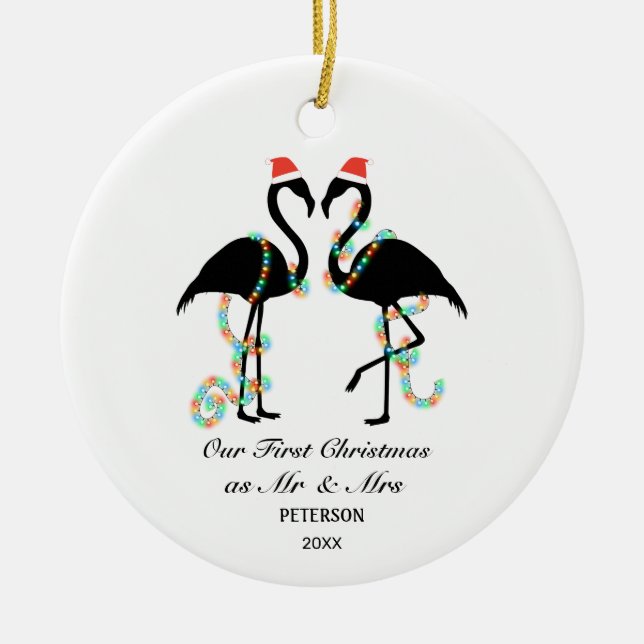 Elegant Flamingo First Christmas Married Photo Ceramic Tree Decoration (Front)