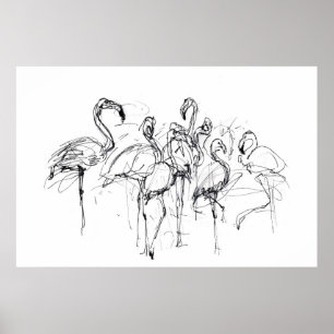 Elegant Flamingo Flock Sketch - Premium Poster
