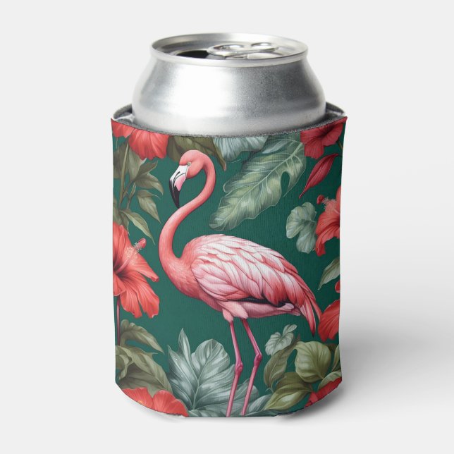 Elegant Flamingo Hibiscus Flowers Emerald Green Can Cooler (Can Front)