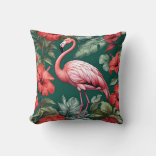 Elegant Flamingo Hibiscus Flowers Emerald Green Cushion
