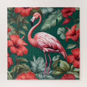 Elegant Flamingo Hibiscus Flowers Emerald Green Jigsaw Puzzle