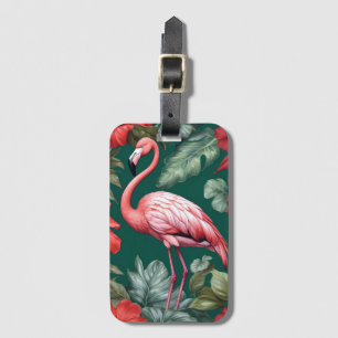 Elegant Flamingo Hibiscus Flowers Emerald Green Luggage Tag