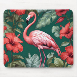 Elegant Flamingo Hibiscus Flowers Emerald Green Mouse Mat