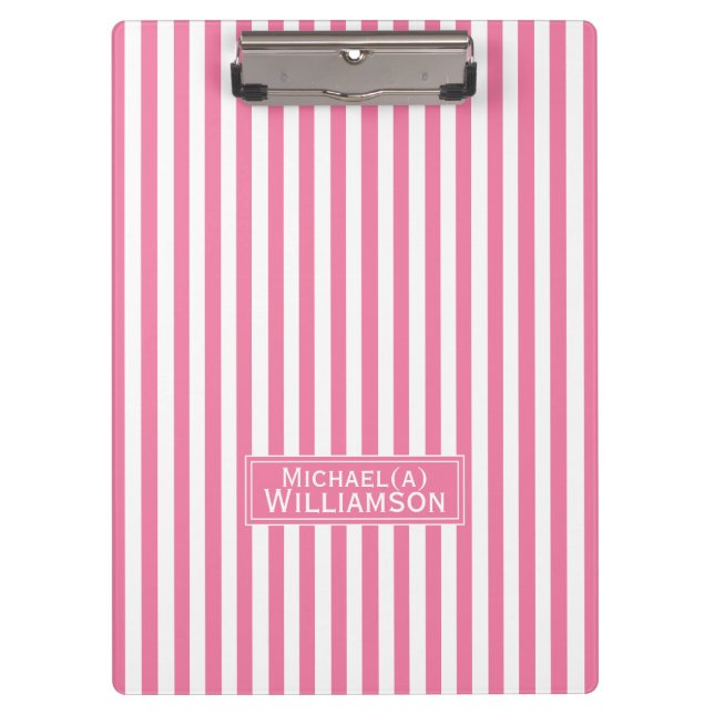 Elegant Flamingo Pink & White Stripes Personalised Clipboard (Front)