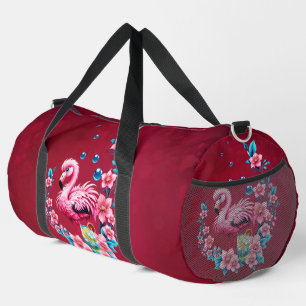 Elegant flamingo with tropical flowers. duffle bag