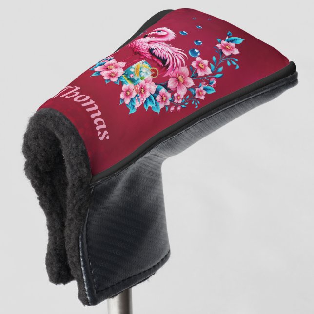 Elegant flamingo with tropical flowers. golf head cover (3/4 Front)