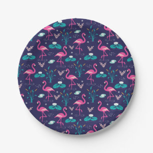 Elegant Flamingos and Lilypads Pattern on Navy Paper Plate