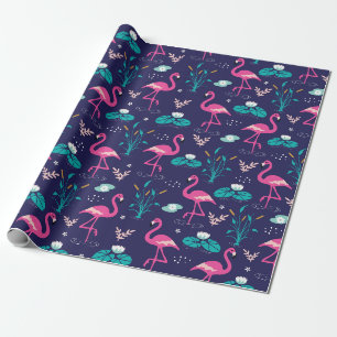 Elegant Flamingos and Lilypads Pattern on Navy Wrapping Paper