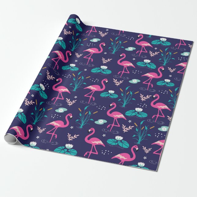 Elegant Flamingos and Lilypads Pattern on Navy Wrapping Paper (Unrolled)