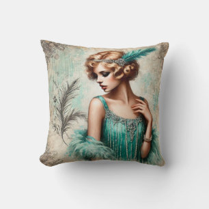 Elegant Flapper Lady in a Turquois Dress, 1920's Cushion