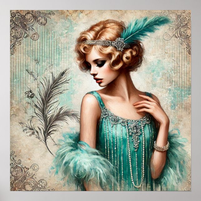 Elegant Flapper Lady in a Turquois Dress, 1920's Poster (Front)