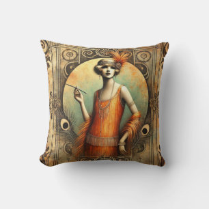Elegant Flapper Lady in an Orange Dress, Art Deco Cushion
