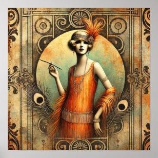 Elegant Flapper Lady in an Orange Dress, Art Deco  Poster