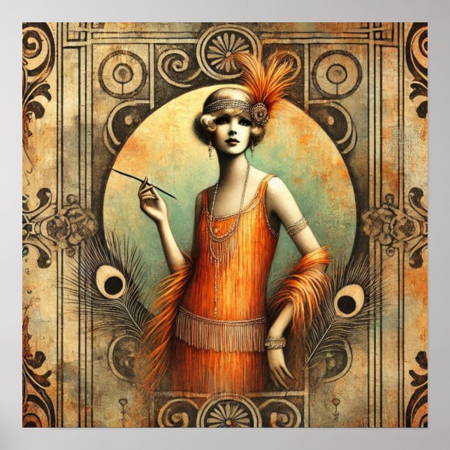 Elegant Flapper Lady in an Orange Dress, Art Deco  Poster (Front)