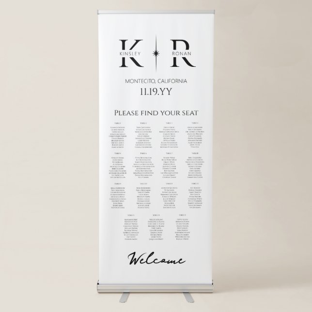 Elegant Flare Monogram Wedding 15 Seating Chart Retractable Banner (Front)