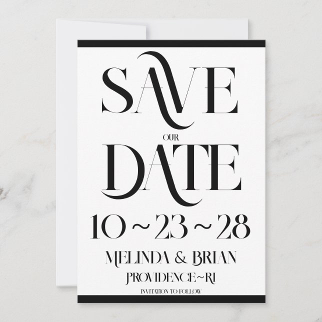 Elegant Flare Typography Black and White Save The Date (Front)