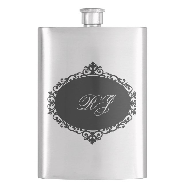 Elegant Flask Black Silver Monogram (Front)