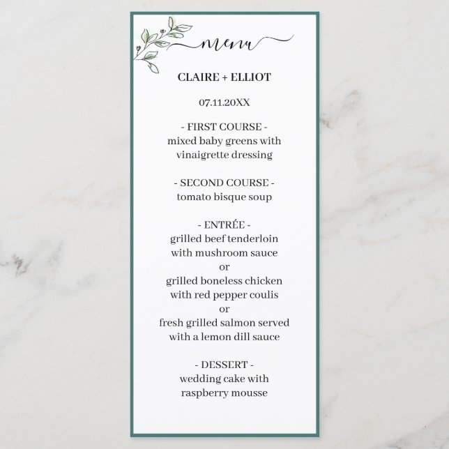 Elegant Flat Modern Botanical Green Weddin Menu (Front)