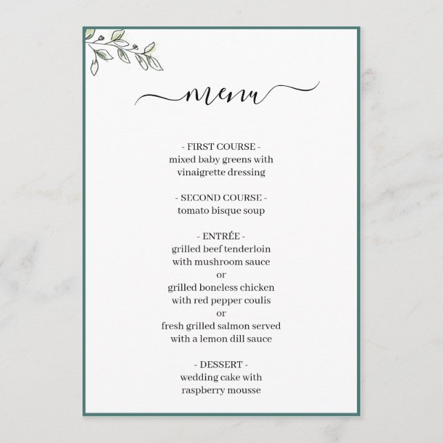 Elegant Flat Modern Botanical Green Wedding Menu (Front)