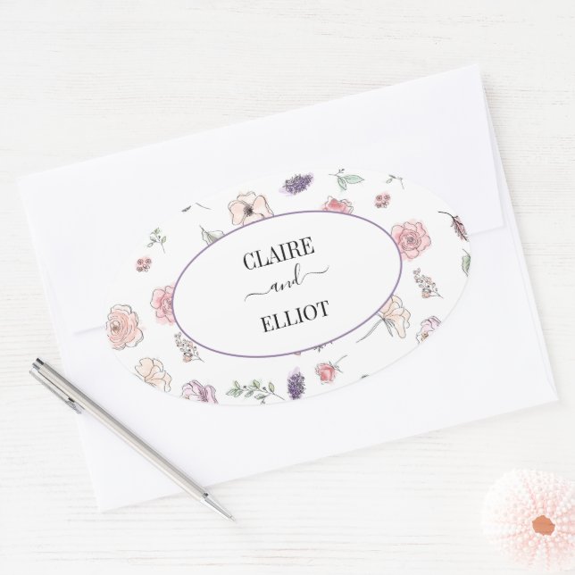 Elegant Flat Modern Botanical Green Wedding Oval Sticker (Envelope)