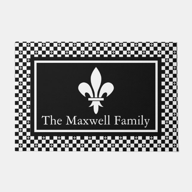 Elegant Fleur de Lis Black & White Chequered Name Doormat (Front)