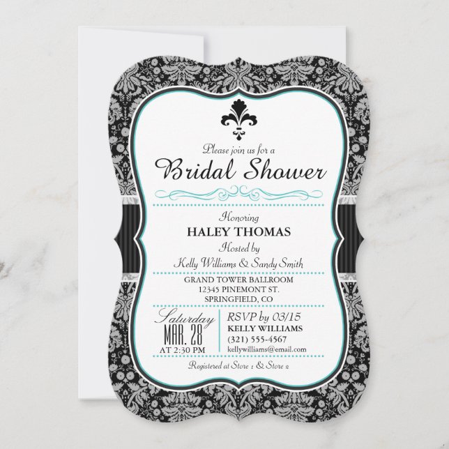 Elegant Fleur-de-lis Bridal Shower; Black Damask Invitation (Front)