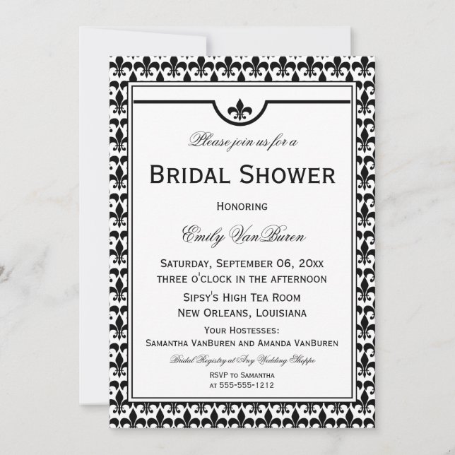 Elegant Fleur de Lis Bridal Shower - Black White Invitation (Front)