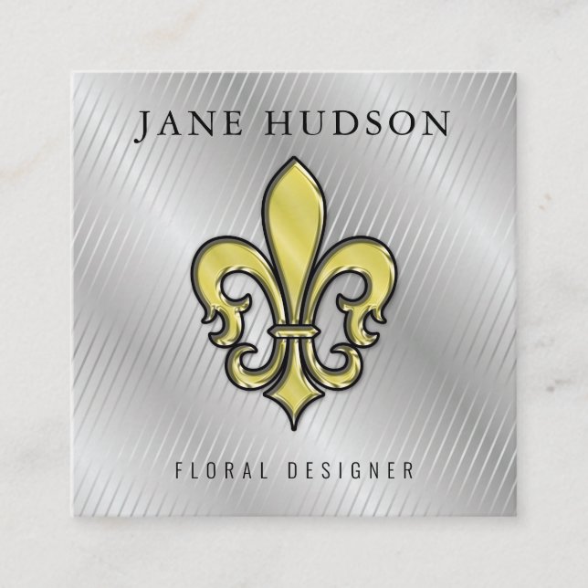 Elegant Fleur de Lis Design Silver Lines Business Square Business Card (Front)