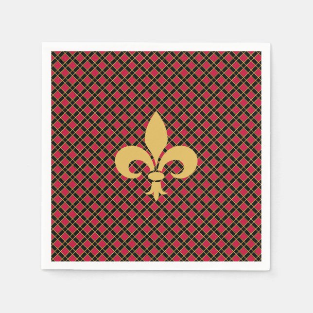 Elegant Fleur-de-lis or Lily Flower on Black & Red Napkin (Front)