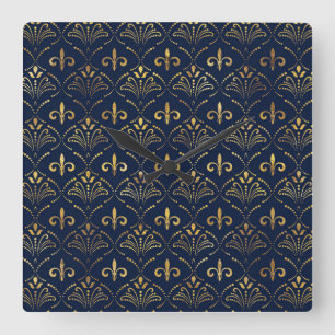 Elegant Fleur-de-lis pattern - Gold and deep blue Square Wall Clock