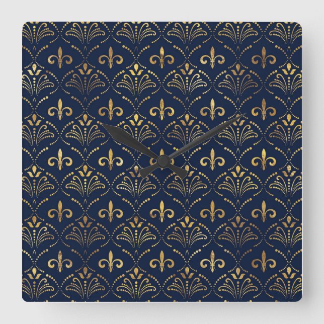 Elegant Fleur-de-lis pattern - Gold and deep blue Square Wall Clock (Front)