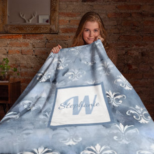 Elegant Fleur-de-Lis - Vintage Blue French Sherpa Blanket