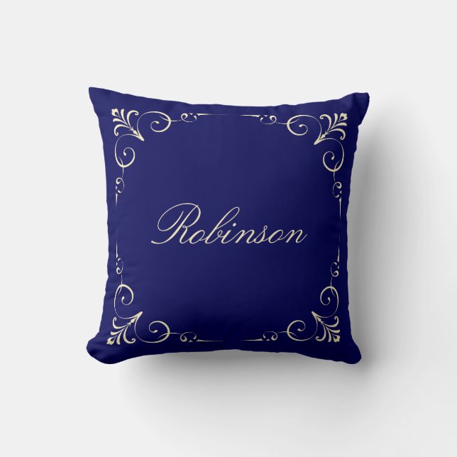 Elegant Fleur de Lis w/ Family Name, Cream on Navy Cushion (Front)