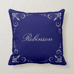 Elegant Fleur de Lis w/ Family Name, Cream on Navy Cushion