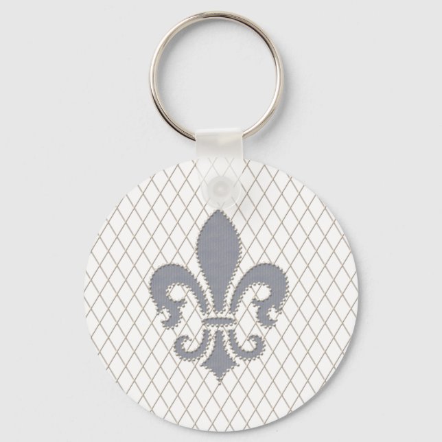 Elegant Fleur de Lys in Grey and White Key Ring (Front)