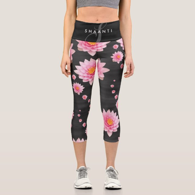 Elegant Floating Pink Lotus Flowers Capri Leggings (Front)