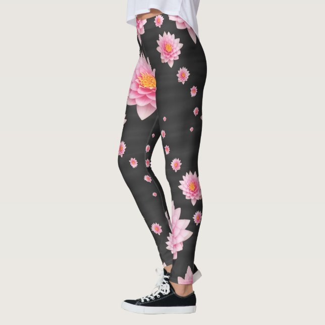 Elegant Floating Pink Lotus Flowers Leggings (Left)