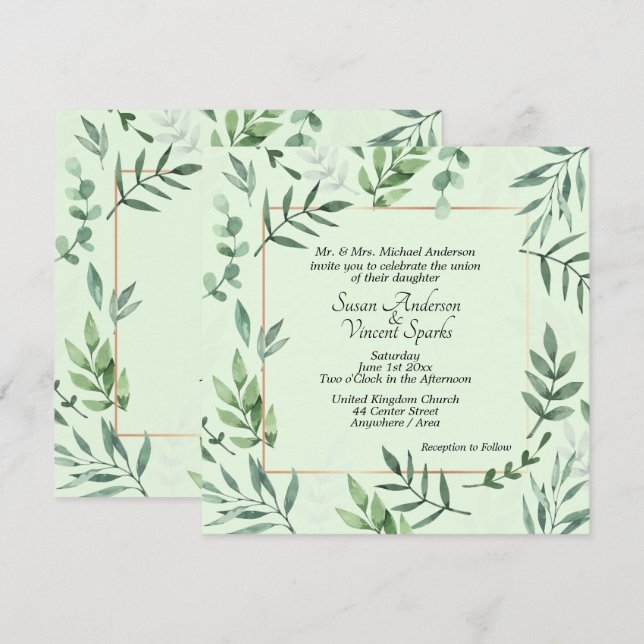 Elegant Flora and Fauna Frame Green Wedding Invitation (Front/Back)
