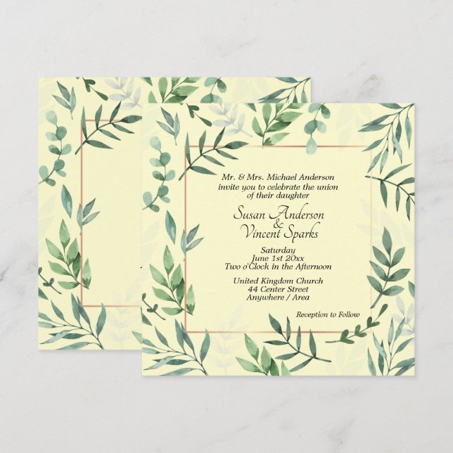 Elegant Flora and Fauna Frame Yellow Wedding Invitation (Front/Back)