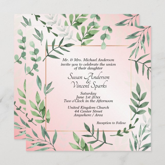 Elegant Flora and Fauna Touch of Pink Wedding Invitation (Front/Back)
