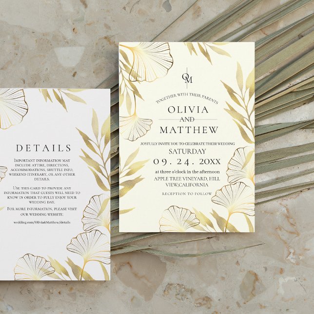 Elegant Flora Ivory Gold Leaf Wedding  Invitation (Creator Uploaded)