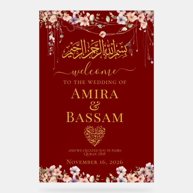 Elegant FloraI Wildflower Islamic Couples Wedding  Acrylic Sign (Front)