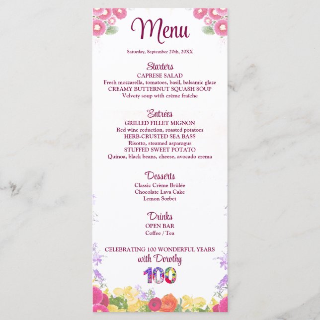 Elegant Floral 100th Birthday Party / 100 Years Menu (Front)