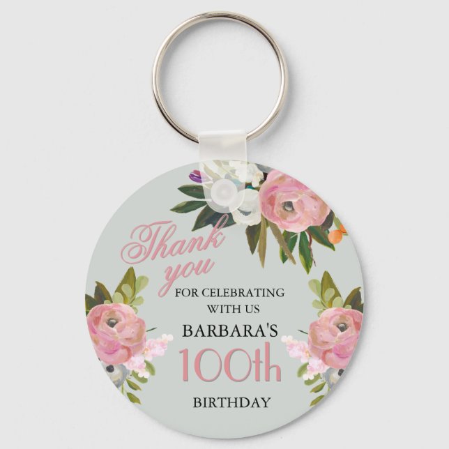 Elegant Floral 100th Birthday Party Favor Key Ring (Front)