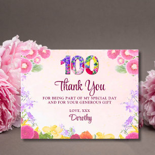 Elegant Floral 100th Birthday Pastel 100 Thank You Postcard