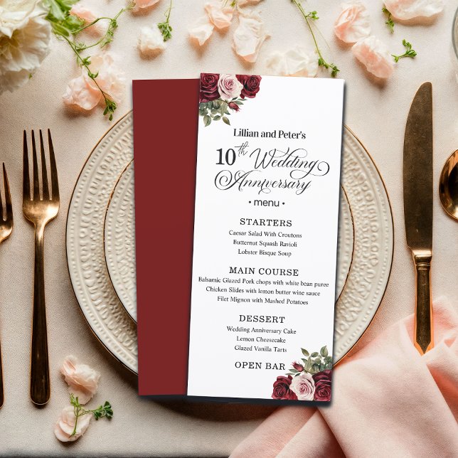 Elegant Floral 10th Wedding Anniversary Menu (Creator Uploaded)