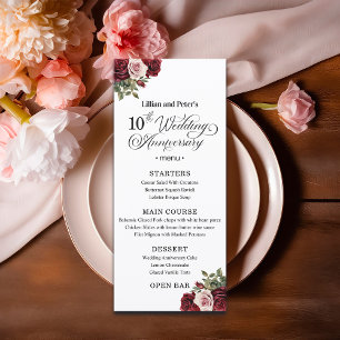 Elegant Floral 10th Wedding Anniversary Menu