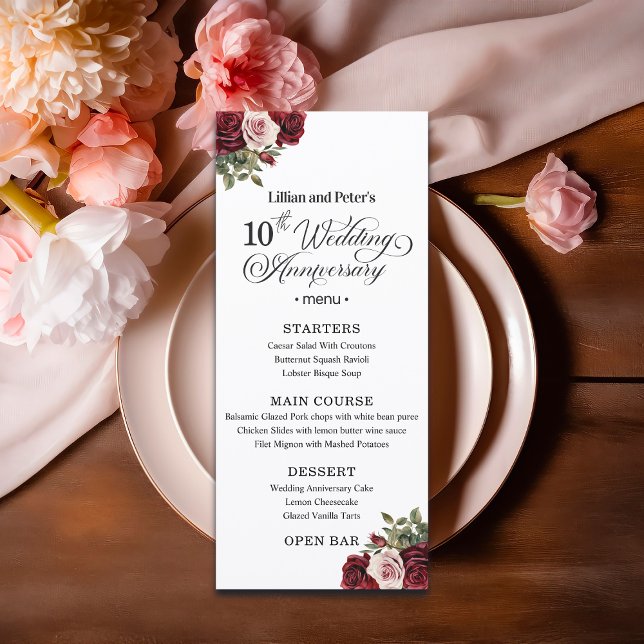 Elegant Floral 10th Wedding Anniversary Menu (Creator Uploaded)